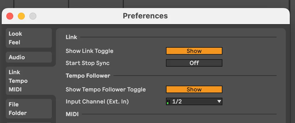 Ableton 11 Preferences: Link Tempo and MIDI