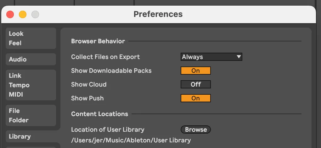 Ableton 11 Preferences: Library