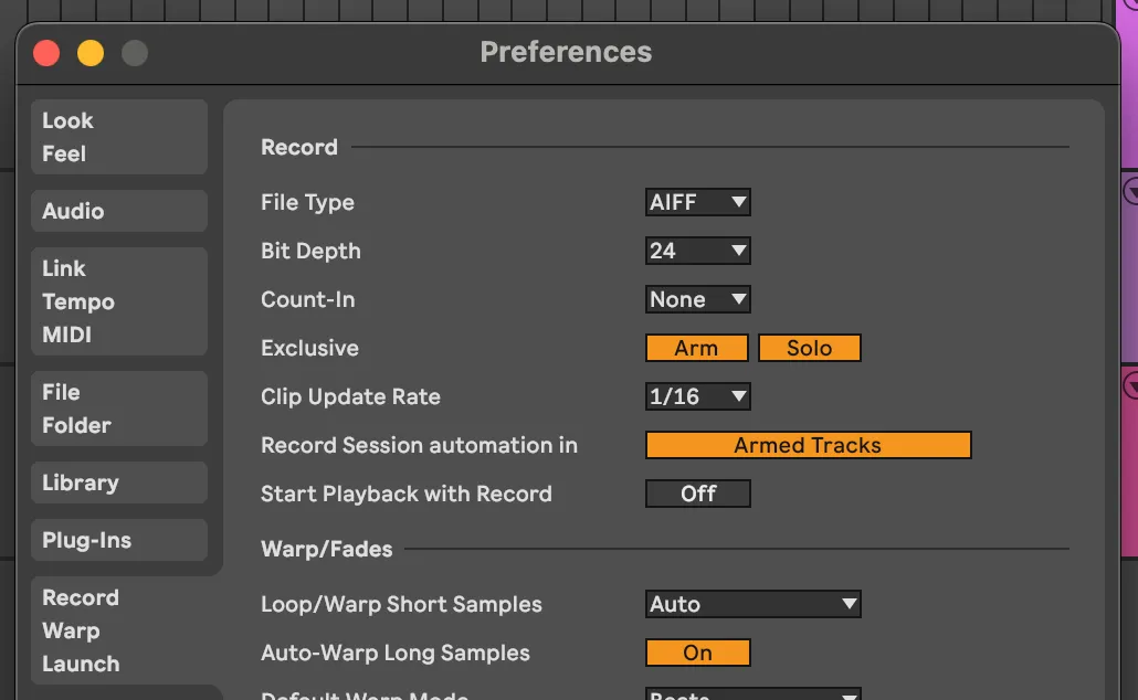 Ableton 11 Preferences: Record Warp and Launch